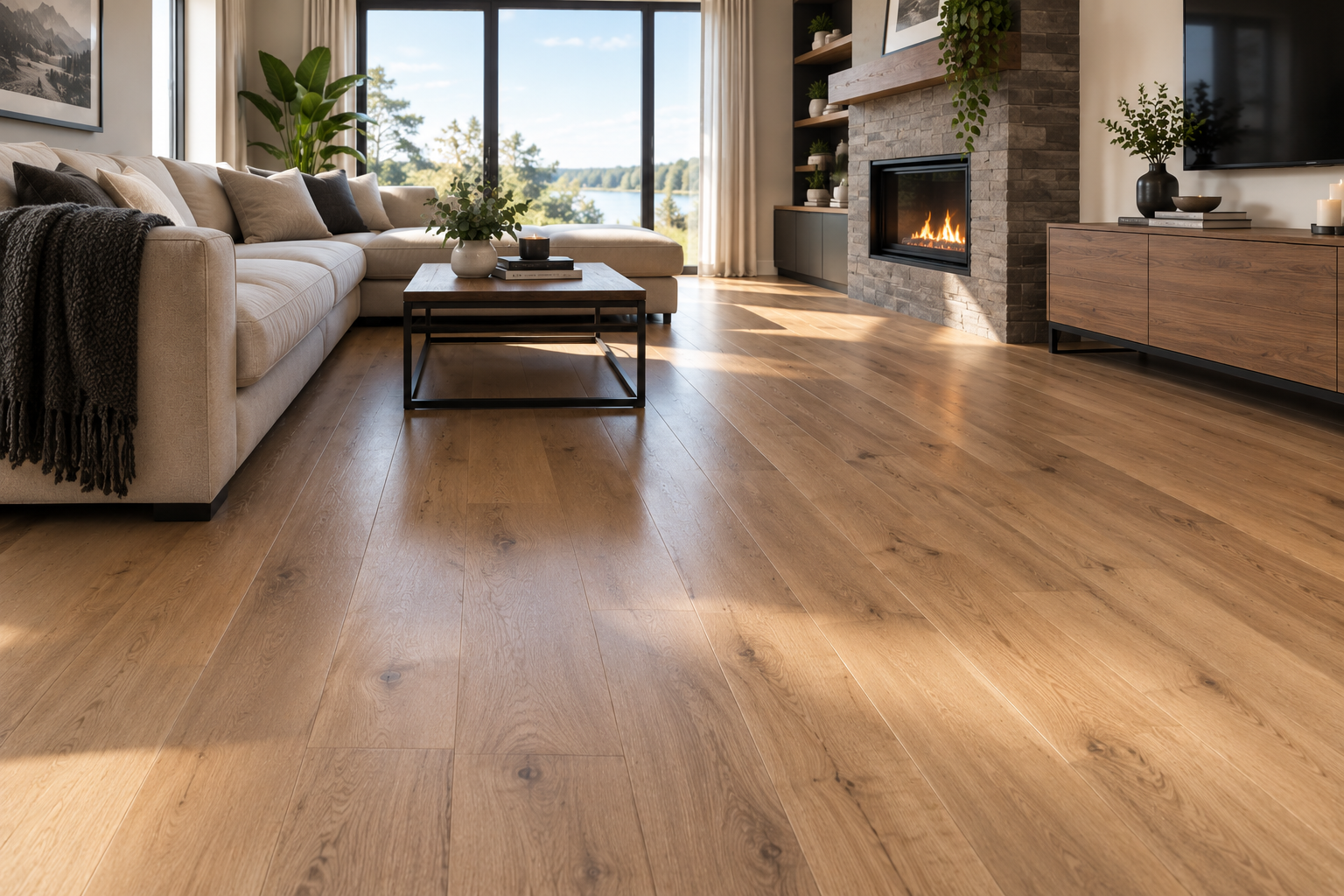 Intérieur du showroom mobile Plancher Nomade avec échantillons de planchers de bois franc et de vinyle